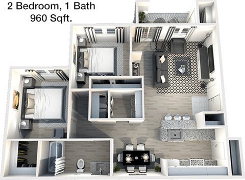 Floor plan for 2 beds, 1 bath, 960 sqft